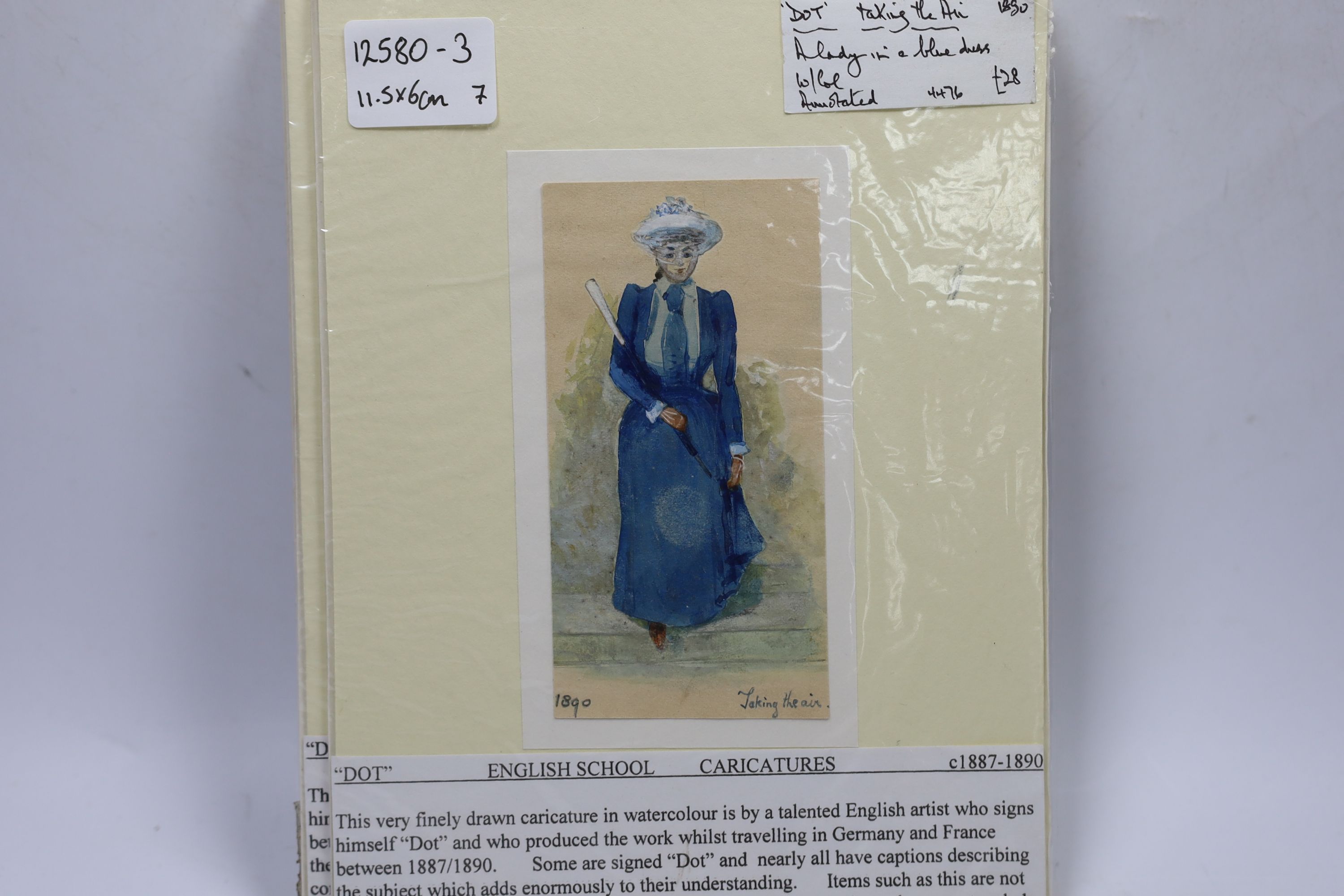 Seven 19th century English School watercolour ‘Dot’ caricatures, including ‘Taking the Aim’ and ‘German Soldier’, some dated and inscribed, each 11.5 x 6cm, unframed